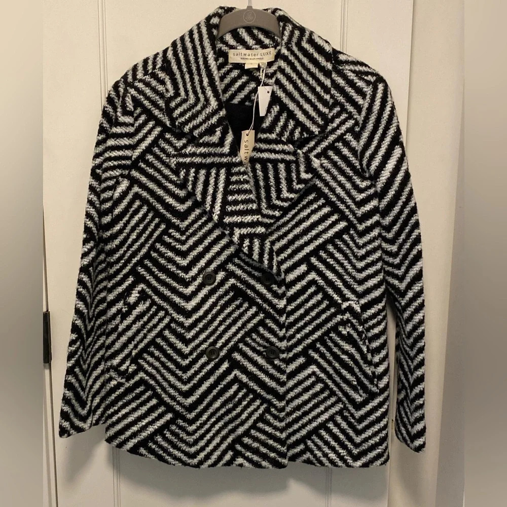 NWT saltwater Luxe geometric pea coat jacket pockets black/white/grey. Small